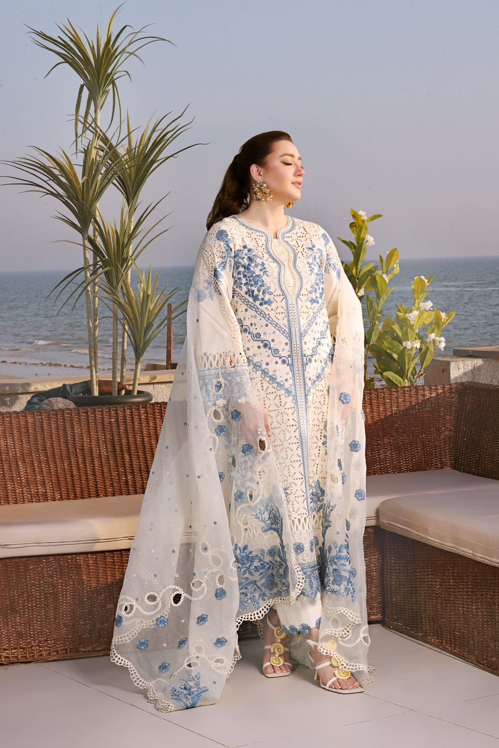 Blue Floral Embroidered 3-Piece Suit