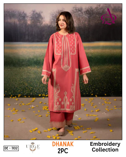 Coral-Pink  Dhanak 2-Piece Suit