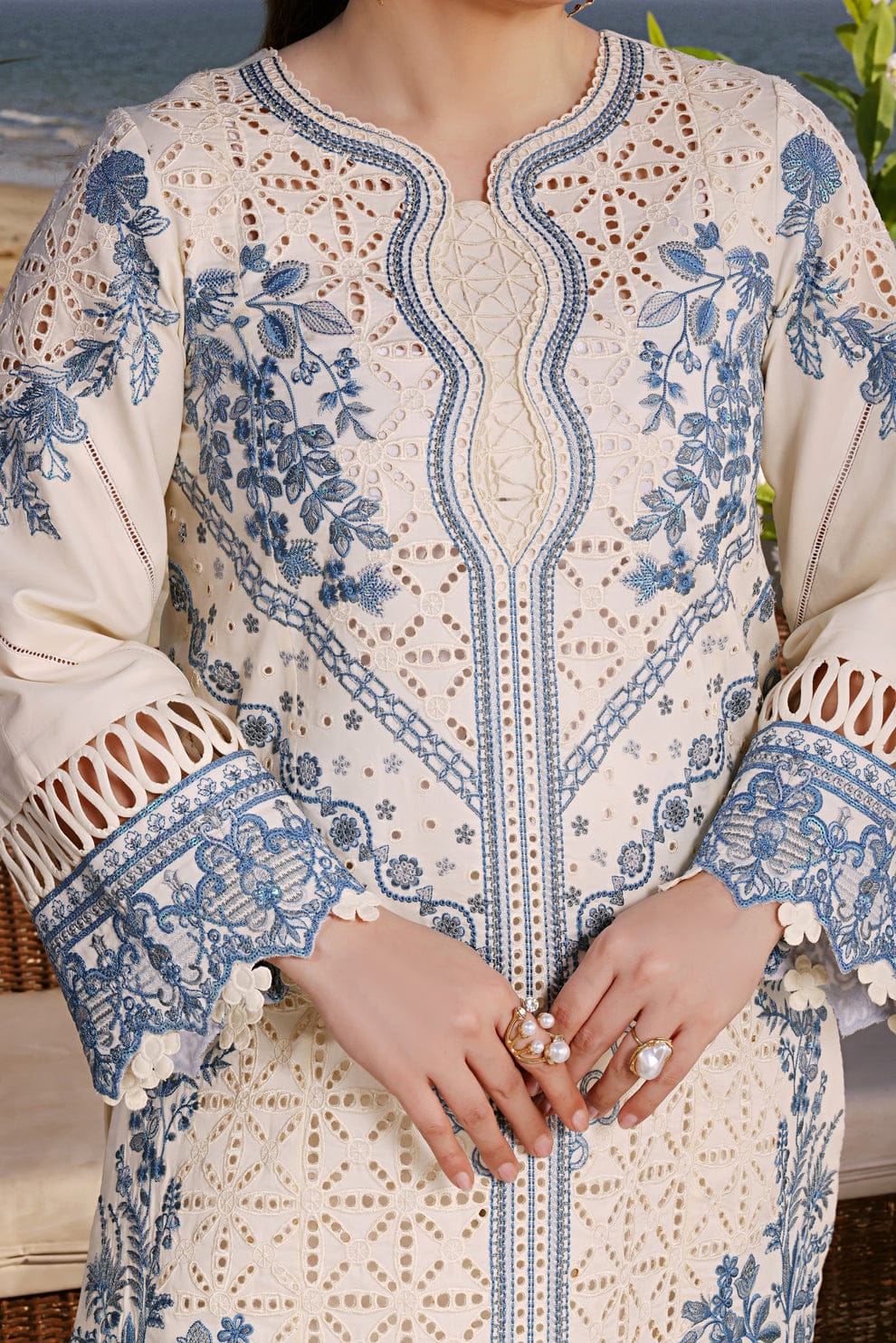 Blue Floral Embroidered 3-Piece Suit